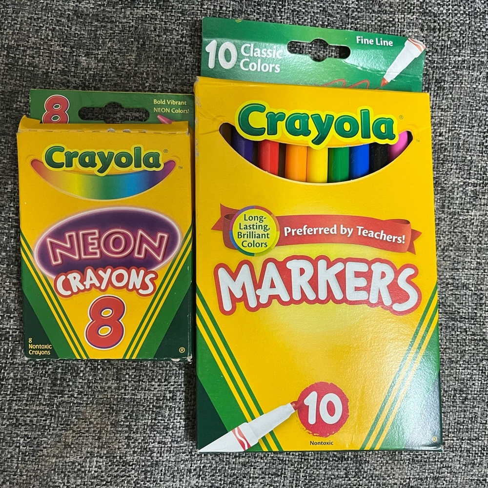 Crayola markers 10 colors
And Crayola neon crayons 8 colors